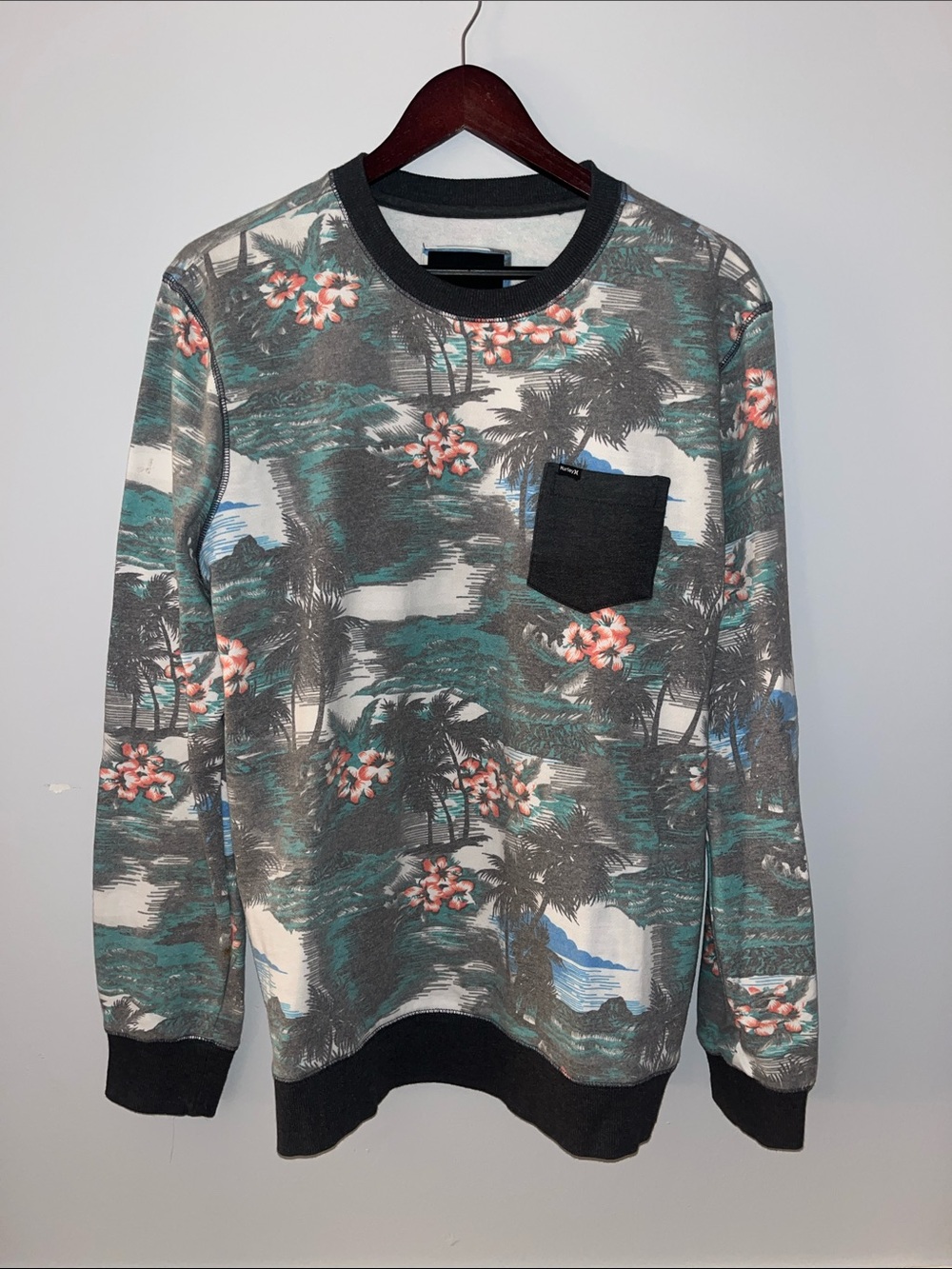 Hurley Gray Tropical Floral Crewneck Sweater with Black Pocket